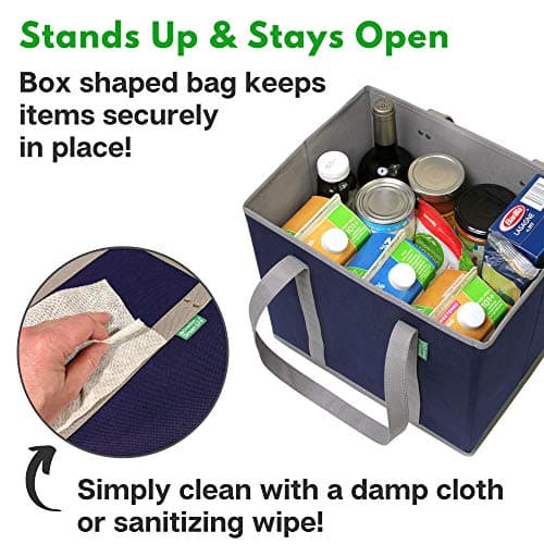 Reusable Grocery Bags (3 Pack) – Heavy Duty Reusable Shopping Bags with Box Shape to Stand Up, Stay Open, Fold Flat – Large Tote Bags are Foldable with Long Handles & Hard Bottom (Navy Blue) - Thumbnail 2