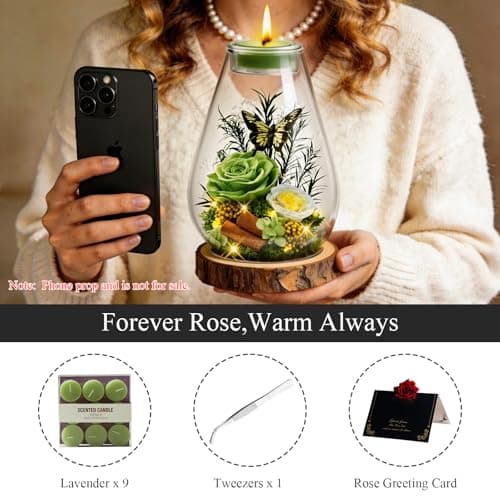 Preserved Rose Candle Holder in Glass Dome Mother's Day Birthday Gift for Mom Forever Flowers for Anniversary Valentine's Gift for Her Women Real Flowers Eternal Rose for Proposal Wedding-Green - Thumbnail 5