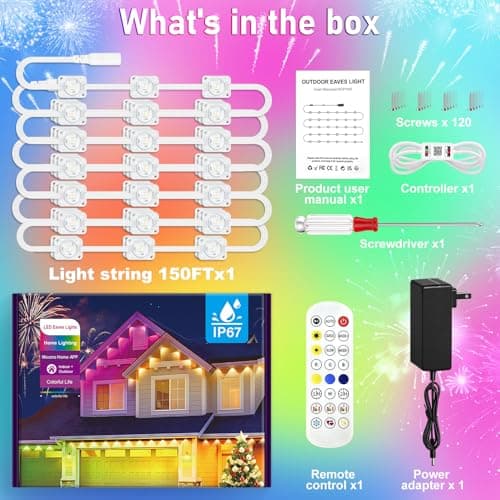 MUCCCUTE Permanent Outdoor Lights for Easter150ft RGB + IC Eaves Lights with App & Remote Control, Outdoor String LED IP67 Waterproof for Holidays New Year July 4th Roof Eaves House Garden Decor - Thumbnail 6