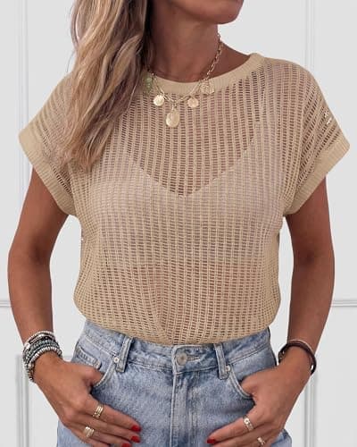KIRUNDO Crochet Tops for Women 2026 Summer Beach Vacation Clothes Cover Up Mesh Top Lightweight Sweater Cruise Resort Wear(Apricot, XX-Large) - Thumbnail 4