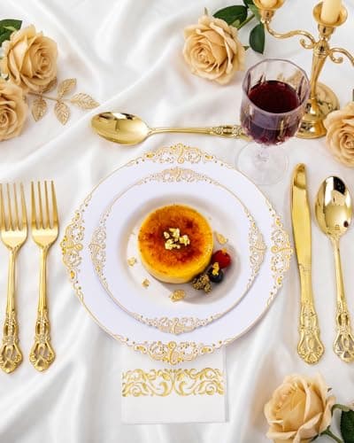 Ciaell 300PCS White and Gold Plastic Plates - Gold Disposable Dinnerware Sets for 50 Guests - 100 Plates, 50 Knives, 50 Forks, 50 Spoons, and 50 Napkins for Wedding, Anniversary, Party - Thumbnail 5