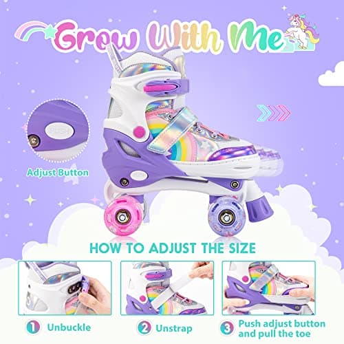 SULIFEEL Rainbow Unicorn 4 Size Adjustable Roller Skates for Girls Boys for Kids Ages 3-5 5-8 6-12 Children Skates Indoor Outdoor - Thumbnail 2