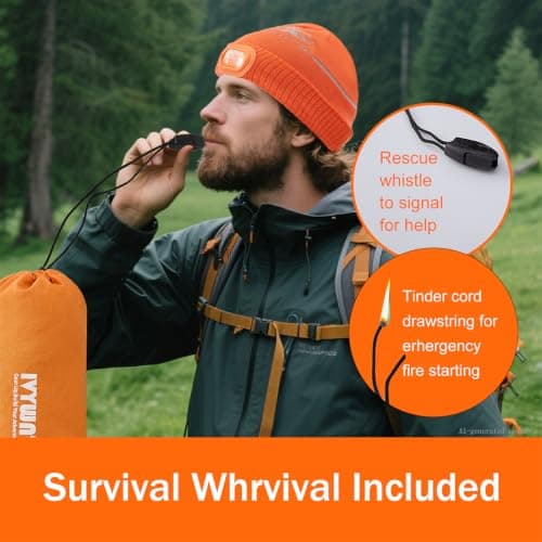 IVYWNT Emergency Sleeping Bag & LED Beanie Hat Set, Waterproof Thermal Mylar Bivy Sack, Portable Survival Gear for Hiking, Camping, Bug-Out Bags & Emergency Kits, Orange - Thumbnail 5