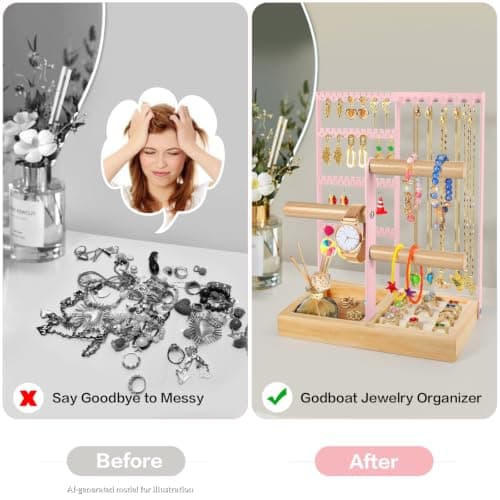 Godboat Jewelry Organizer - Earring Holder with 48 Holes, 6 Hooks Necklace Organizer, Bracelet and Ring Stand with Jewelry Box, Mothers Day Gifts for Women, Mom, Preppy Stuff & Room Decor, Pink - Thumbnail 3