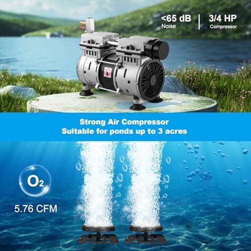 Pond Aerator, Ponds & Lake Aeration System, 5.76CFM for Up to 3 Acre, Includes 3/4 HP Compressor, 100' Weighted Tubing, 2 Diffusers for Outdoor Large Pond & Lake Aerator Pumps Water Oxygen Circulation - Thumbnail 2
