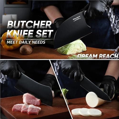 Dream Reach Butcher Knife Set - 3PCS Black Cleaver Knives Kit for Meat Cutting BBQ Outdoor Hand Forged Serbian Chef Cleaver for Mother Father Gift Idea - Thumbnail 4