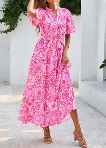 KIRUNDO Women Spring Summer Wedding Guest Boho Floral Maxi Dress Puff Sleeve Button Shirt V Neck Flowy Beach Vacation Dress(Rose Red, Medium) - Thumbnail 3