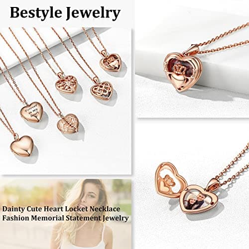 Bestyle Silver Rose Gold Heart Locket Necklace for Women Cute Irish Claddagh Lockets Love Message Photo Pendant Dainty Memorial Custom Locket Jewelry Gift, 18"+2" Chain - Thumbnail 4