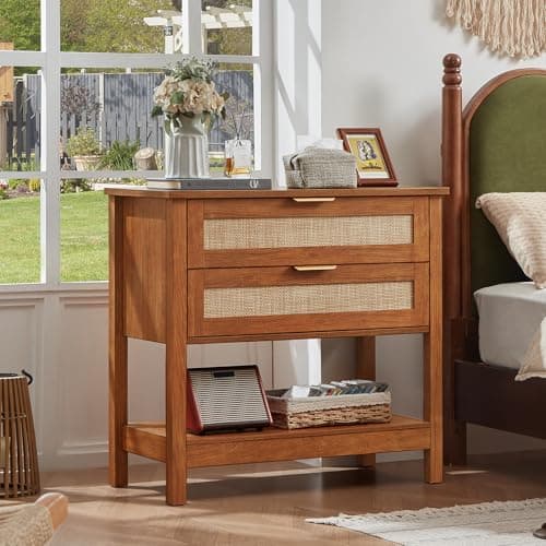 LEYAOYAO 31.5" Wide Rattan Night Stand, Oversized Large Boho Nightstand with 2 Drawer, Tea Brown Bed Side End Tables with Storage Shelf, Tall Bedside Table for Bedroom Living Room, Hallway - Thumbnail 5