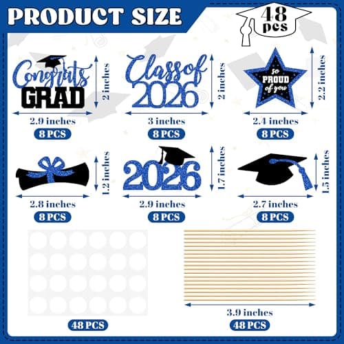48 PCS Grad Cupcake Toppers, 6 Styles Graduation Cake Topper, Congrats Graduation Decorations 2026, Glittery Black and Blue Cap and Diploma Cake Picks for Grad Decor Party Supplies - Thumbnail 2