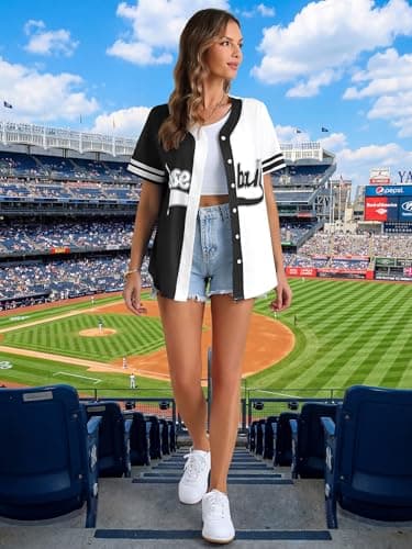 Baseball Shirt for Women Baseball Jersey Button Down V Neck T-Shirt Game Day Fans Graphic Short Sleeve Hawaiian Tee Tops Black - Thumbnail 3