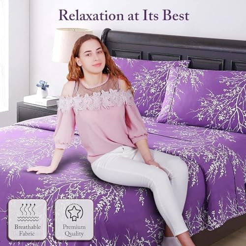 Spirit Linen home Full Size Sheets Set - Pure Microfiber 4 Piece Polyester Bed Sheets, Fitted Sheet & Pillow Cases - Full Sheets for All Seasons (Foliage Black/White, Full) - Thumbnail 6