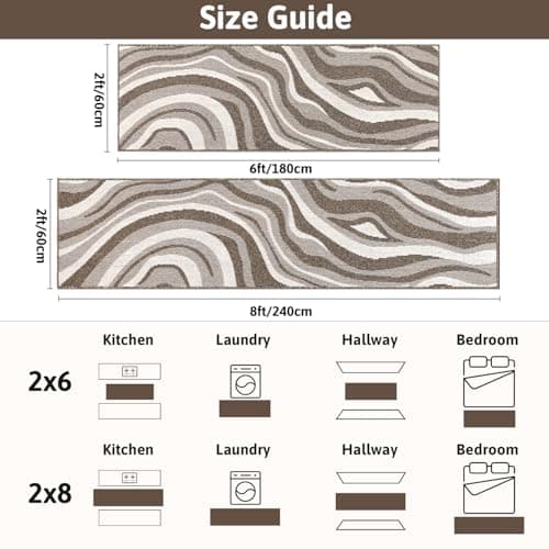 Yamaziot Washable Hallway Runner Rug 2x8 – Non Slip Modern Abstract High-Low Textured Kitchen Runner Rug, Boho Carpet Runner for Kitchen, Entryway, Bedroom, Laundry, Hallway, Beige Brown & White - Thumbnail 4