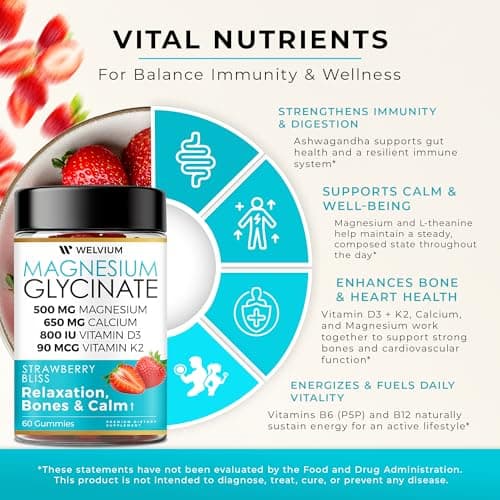WELVIUM Magnesium Glycinate Gummies with Ashwagandha, L-Theanine - 500mg Magnesium Glycinate, D3, K2, B6, Calcium, Zinc, Potassium Supplement for Muscle, Immune and Bone Support, Chewable Magnesium - Thumbnail 3