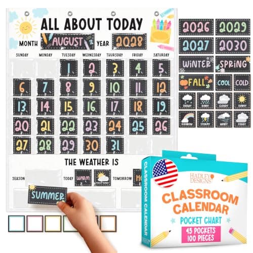 Large 45 Pockets Classroom Calendar Pocket Chart -24x29" Pocket Calendar, Teacher Calendars Bulletin Board Set, Elementary Kindergarten Preschool Classroom Decor, Chalkboard Bulletin Board Decorations