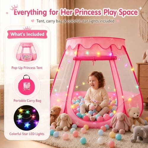Pop Up Princess Tent with Colorful Star Lights for 1 2 3 Year Old Birthday Gift, 12-18 Months Baby Girl Toys, Foldable Ball Pit with Carrying Bag, Indoor&Outdoor Play Tent for Kids - Thumbnail 4