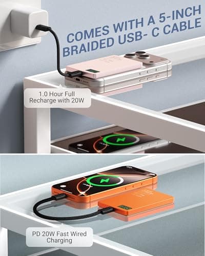 Portable Charger for Apple Watch & iPhone 17/16/15/14, 5000mAh 15W Fast Wireless Magnetic Power Bank with Built-in USB-C Cable, Ultra Slim 3-in-1 Mag-Safe Battery Pack with Smart LCD Display (Pink) - Thumbnail 5