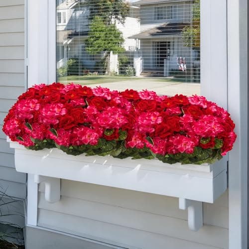 FULLMUSIC Artificial Flowers for Outdoor, UV Resistant Realistic Geranium Fake Flowers-Faux Flowers for Outdoor planters, Garden, Porch, Patio, Window Box Home Decor All Year Round (6, Rose red+red - Thumbnail 2