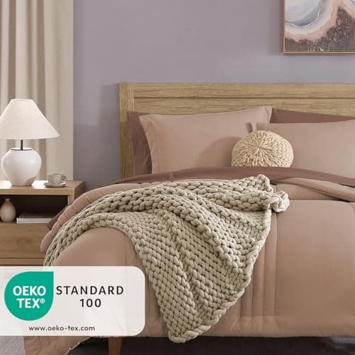 Monbix Full Comforter Set - 7 Pieces Rust Pink Bed in a Bag Full Size Bedding Sets with Comforters, All Seasons Comforter with Sheets, Pillowcases & Shams - Thumbnail 3