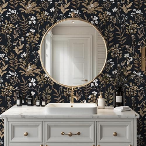 Abyssaly 34.6" x 196.8" Black and Gold Wallpaper Dark Floral Peel and Stick Wallpaper Vintage Leaf Contact Paper Removable Self Adhesive Waterproof Moody Vinyl Wrap for Bedroom Bathroom Cabinet Decor - Thumbnail 6