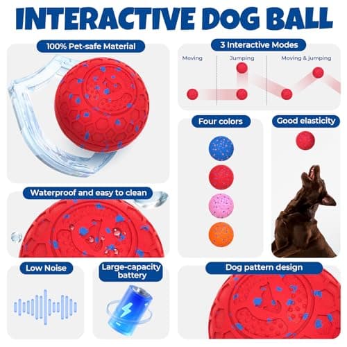 Fsitego Dog Balls: Interactive Dog Ball Auto Rolling - Interactive Dog Toys for Aggressive Chewers - Bouncy & Throwable, Type-C Rechargeable, Washable, for Small & Medium & Large Dogs – Red - Thumbnail 2