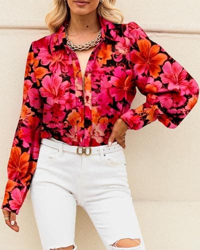 BTFBM Summer Blouses for Women Dressy Casual 2026 Long Sleeve Button Down Shirt V Neck Boho Spring Tops Fashion Clothing(Floral Red, XX-Large) - Thumbnail 4
