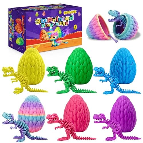 BOYLOVE 6Pcs Prefilled Easter Eggs with 3D Printed Dinosaur Toys, 3D Printed Dragon Animals, Cool T-Rex Fidget Toys for Easter Basket Stuffers, Birthday Party Favors & Kids Gifts - Image 1