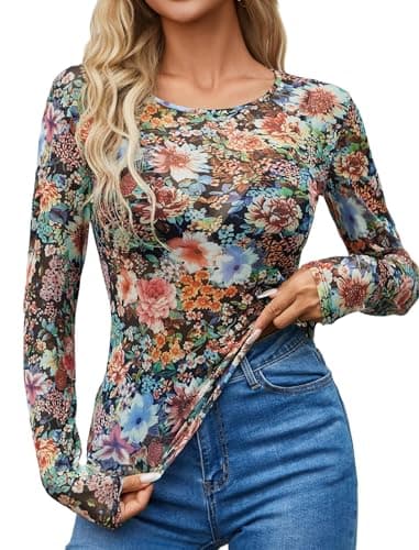 Avidlove Floral Mesh Top Mesh Shirt Women Long Sleeve Blouses for Women Rave Top Going Out Outfits Colorful Floral L - Image 1