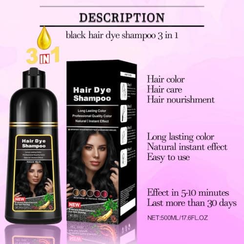 Dark Black Hair Dye Shampoo Instant 3 in 1 for Gray Hair Coverage - Herbal Formula, Semi-Permanent Hair Color in 10 Minutes, Lasts 30 Days, 100% Grey Coverage Shampoo for Men & Women - Thumbnail 4