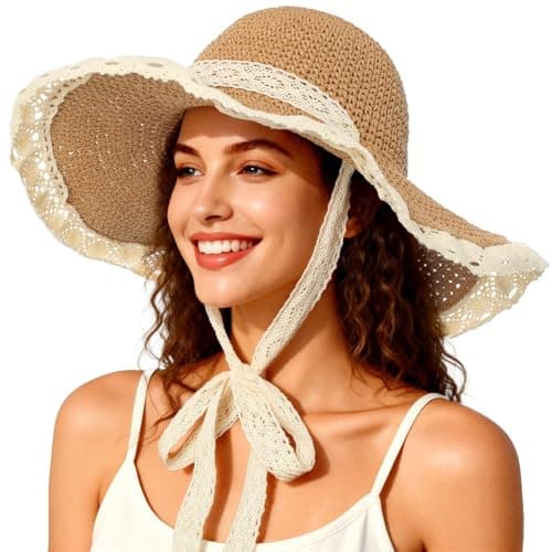 Beach Hats for Women, Sun Hat UPF 50+ UV Protection Wide Brim Floppy Foldable Packable Lace Ribbon Summer Straw Hat (Khaki) - Image 1