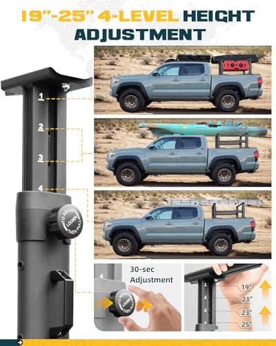 Ladder Rack for Truck with Tonneau Cover w/T-Slot Rails, 800 LBS Capacity Truck Bed Rack with Side Bars, 19"-25" Height-Adjustable Aluminum Ladder Racks, Fit for Mid Size Pickup Tacoma Gladiator - Thumbnail 3