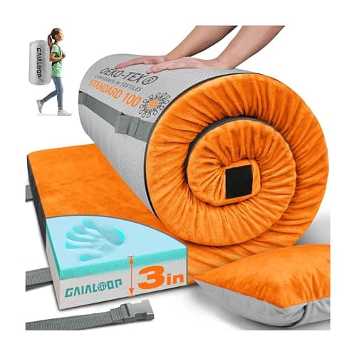 GAIALOOP 3 Inch Memory Foam Camping Mattress, Dual Layer Thick Sleeping Camp Pad for Car Tent Cot, Roll-Up Portable Glamping Floor Bed for Guests Sleepover[Kid: 62 * 23 * 3"] - Image 1