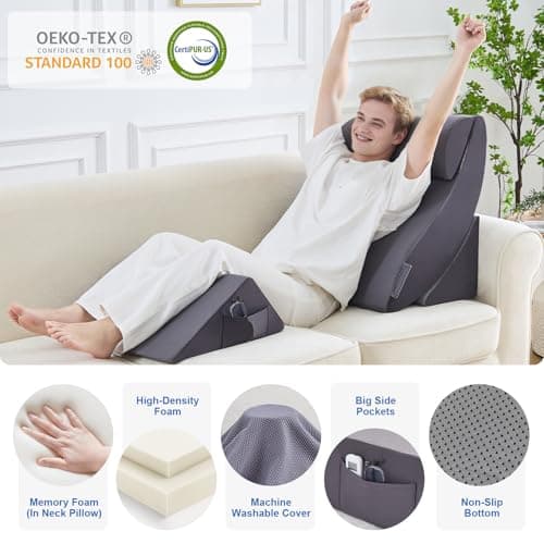 Paxato 4PCS Bed Wedge Pillow Set for After Surgery, Orthopedic Wedge Pillows for Sleeping, Back, Neck and Leg Pain Relief, Adjustable Memory Foam Support Pillows for Acid Reflux, GERD & Snoring, Grey - Thumbnail 3