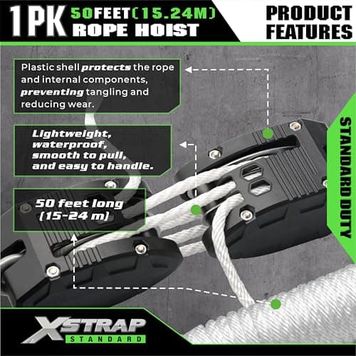XSTRAP STANDARD Heavy-Duty 2,000LB 50 Feet Reflective Rope Hoist Pulley 1 Ton Wheel Block and Tackle System 5:1 Ratio Lifting Power with 2PK 18 Inch Soft Loop (Upgraded 50ft White) - Thumbnail 5