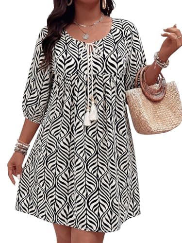 Bulotus Womens Plus Size Dresses Black Boho 3/4 Sleeve Tassel Tie Summer Dressy Casual Beach Trendy Sundress Women Holiday Date Vintage Floral Spring Summer Fashion 2026 Clothes 3XL - Image 1
