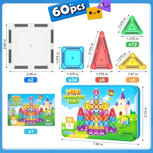 Soyee Mini Magnetic Tiles 60PCS Toddler Kids Toys Travel Set with Metal Tin Case, Portable STEM Building Blocks Kids Toy for 3 4 5 6 7 8 Year Old Boys & Girls, Educational Toddler Kids - Thumbnail 6
