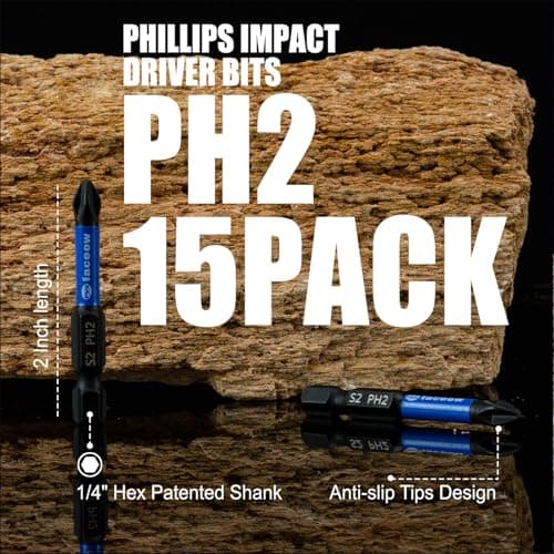 Facoow 15-Pack Phillips Bits #2 Impact, Anti-Slip 2-Inch Magnetic Phillips Head Drill & Screwdriver Bits, PH2 Premium S2 Steel 1/4" Hex Shank for Impact Drivers, Professional & DIY Use - Thumbnail 2