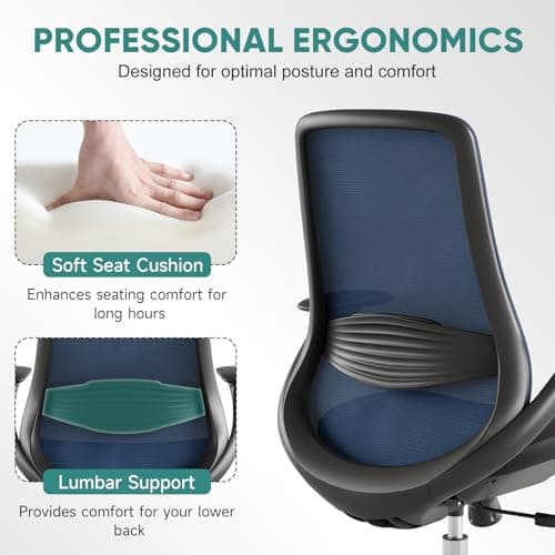 Ergonomic Mesh Office Chair, 330LBS Executive Desk Chair with Lumbar Support, 2D Armrests, Comfy Swivel Computer Task Chairs for Long Hours (Blue) - Thumbnail 4