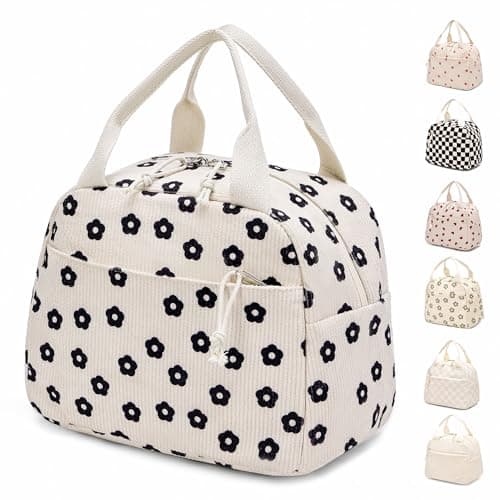 Lunch Bag for Women Grils Adult Cute Corduroy Lunch Tote Bags Reusable Insulated Lunch Box Large Capacity for Work Picnic or Travel (White_BlackFlower) - Image 1