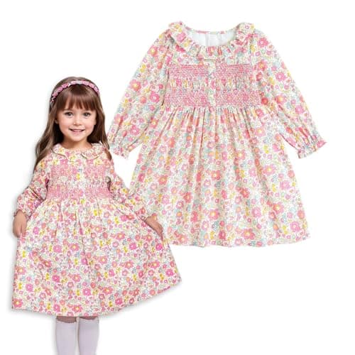 Curipeer Little Baby Girls Long Sleeve Floral Casual Dress Handmade Smocking Toddler Ruffle Dress for Autumn and Spring Pink 3T - Image 1