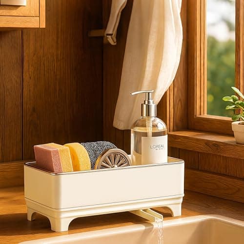 Sponge Holder for Kitchen Sink – Rustproof Stainless Steel, 360° Rotating Drain Pipe, Large Counter Organizer with Drip Tray for Sponges, Brushes & Dish Cloths White