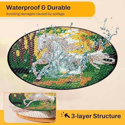 Lophomie 8 Pcs Diamond Art Coasters Kits for Adults with Holder Cork Pads, Diamond Painting Coasters, Diamond Dots Coaster Art Crafts Kit DIY Non-Slip for Home Office Decor 4x4in(Horse Theme) - Thumbnail 6