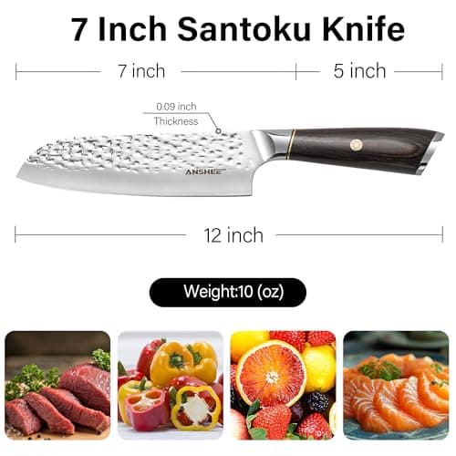 anshee 7 Inch Japanese Santoku Knife - Hammered Finish High-Carbon Stainless Steel Precision Cold Forged Chef Knife with Wood Handle, Multipurpose Kitchen Knife for Slicing Meat, Vegetables, Fruits - Thumbnail 6