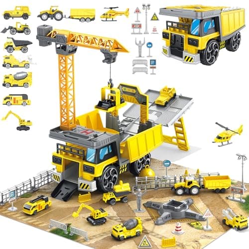 Frontoytall Construction Vehicles Track Set with Excavator, Dump Truck, Cement Truck, Wheel Loader & Rotating Crane, Car Carrier for Storage, STEM Building Toy for Kids Ages 3-12 (ASTM Certified) - Image 1
