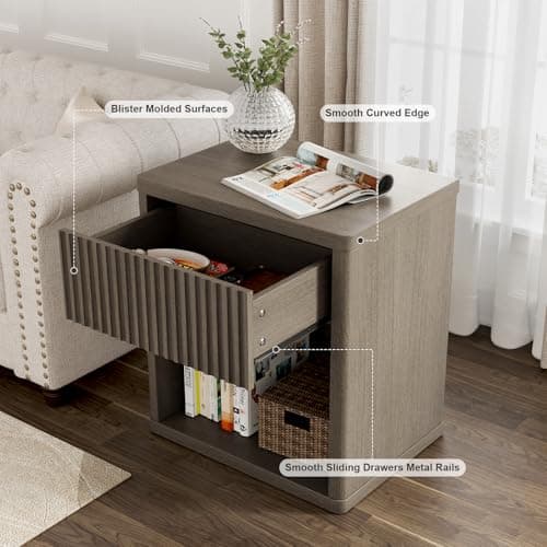 Night Stand Fluted Nightstand with Drawers for Bedroom, Modern Mid Century Bedside Table with Open Storage Shelf, Wood Night Stands End Table for Living Room Sofa Home Office Antiqued Brown Oak - Thumbnail 4