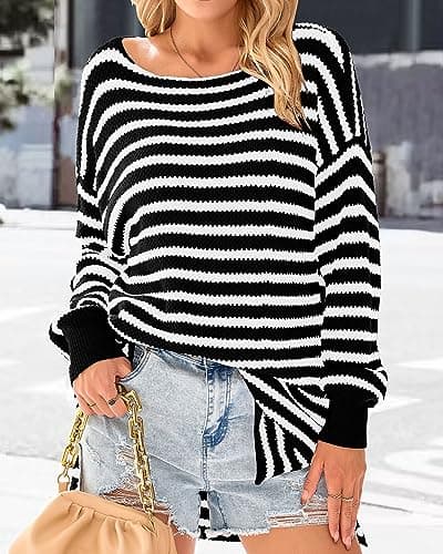 KIRUNDO Women's 2026 Fall Winter Oversized Long Sleeve Striped Sweater Casual Crewneck Side Split Pullover Knit Tops(Black, Small) - Thumbnail 4