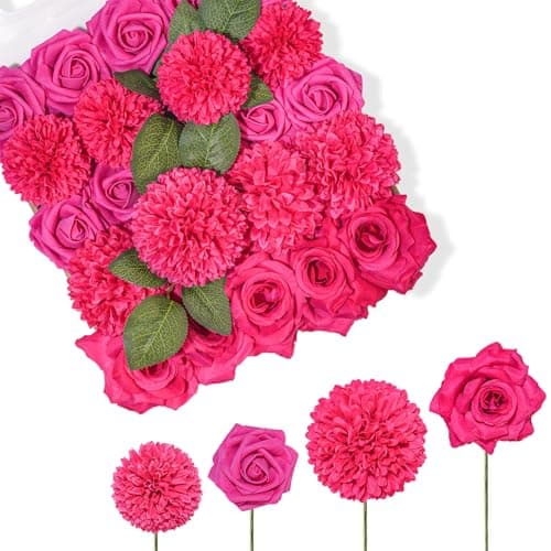 TINGE TIME Rose Artificial Flowers Combo, 23pcs Hot Pink Gradient Fake Flowers Chrysanthemum with Stems for DIY Wedding Bouquets Table Centerpieces Baby Shower Party Home Decorations - Image 1