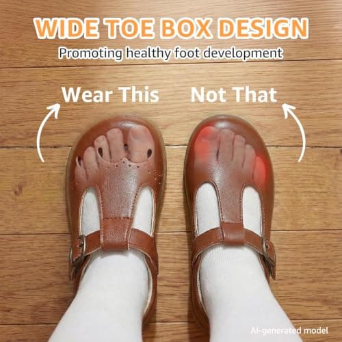 WIDE TOE BOX Toddler Girl Mary Jane Flats Wide Princess Ballet Dress Shoes Lightweight Non-Slip School Uniform Shoe for Party Wedding Church Brown Toddler Size 8 - Thumbnail 4