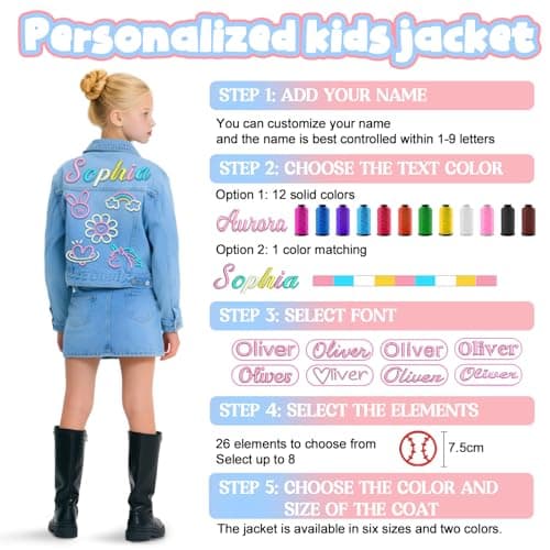 Individz Personalized Kids Denim Jacket with Name, Custom Embroidery kid Jean Jackets, 1-10 Years Old Girls Birthday Christmas Gifts - Thumbnail 5