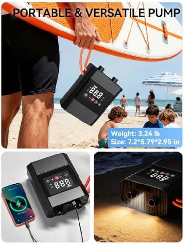 AIRSURE 20PSI High Pressure Electric Paddle Board Pump, Rechargeable Battery-Powered, Electric SUP Air Pump with 12V DC Car Connector, Intelligent Dual Stage for Inflatable Paddle Board, Kayak, Boats - Thumbnail 4